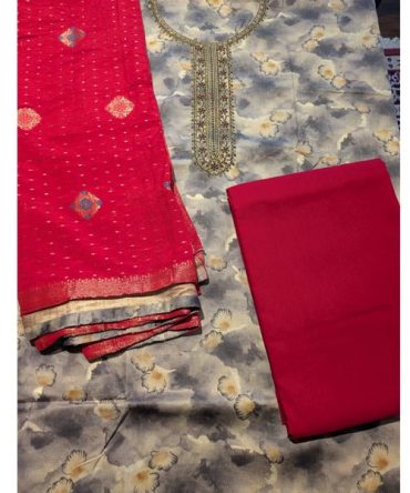 Dusty Grey sequence, unstitched salwar suit with red contrast dupatta