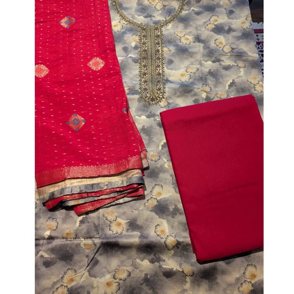 Dusty Grey sequence, unstitched salwar suit with red contrast dupatta