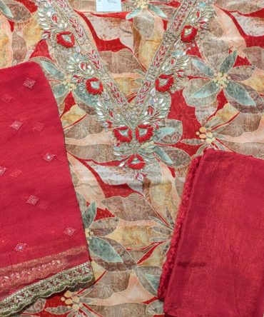 Floral Red Embroidered Chiffon Suit Set